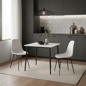 Τραπέζι Gustas pakoworld λευκό μαρμάρου sintered stone-μαύρο μέταλλο 80x80x76εκ