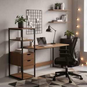 Γραφείο Zayn ΙΙ pakoworld με ραφιέρα-MDF καρυδί-μαύρο 107x40x110εκ