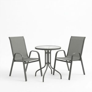 Tραπεζαρία Calan-Watson pakoworld σετ 3τεμ μέταλλο γκρι και γυαλί tempered Φ60x70εκ