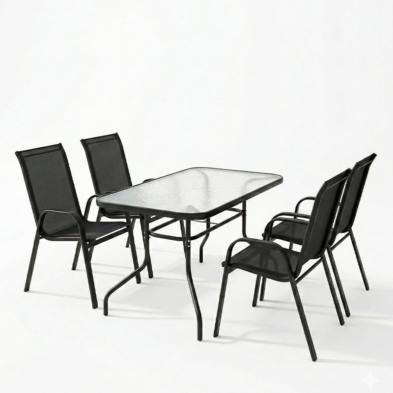 Τραπεζαρία Valor-Calan pakoworld σετ 5τεμ μέταλλο μαύρο-γυαλί-textilene μαύρο 110x60x70εκ