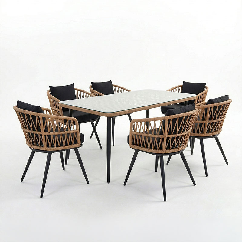 Τραπεζαρία Naoki σετ 7 τεμ pakoworld μέταλλο μαύρο-pe φυσικό-γυαλί 160x90x78εκ