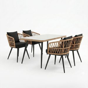 Τραπεζαρία Naoki σετ 5 τεμ pakoworld γυάλινο- pe rattan σε φυσική απόχρωση με μαυρα πόδια 140x80x78εκ