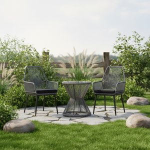 Πολυθρόνα Tanish pakoworld pe rattan σε γκρι απόχρωση με μαύρα μεταλλικά πόδια 58x58.5x87εκ