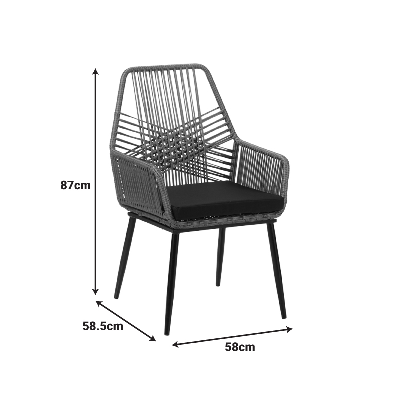 Πολυθρόνα Tanish pakoworld pe rattan σε γκρι απόχρωση με μαύρα μεταλλικά πόδια 58x58.5x87εκ - Image 2