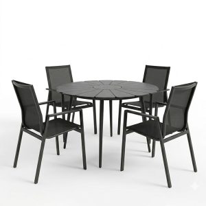 Τραπεζαρία Pinap-Dashiell σετ 5τεμ pakoworld μαύρο αλουμίνιο και plywood σε μαύρη απόχρωση Φ110x74εκ