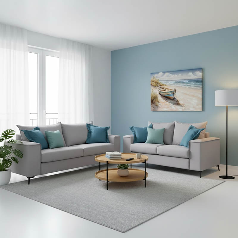 Σετ σαλονιού 2τεμ Verona pakoworld ανοιχτό γκρι ύφασμα με μαξιλάρια σε μπλε απόχρωση