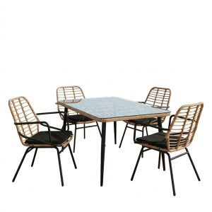 Τραπεζαρία Naoki A pakoworld σετ 5 τμχ rattan φυσικό-μαύρο μέταλλο-γυαλί 160x90x78εκ