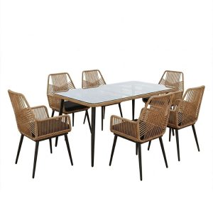 Τραπεζαρία Naoki-Tanish pakoworld σετ 7 τμχ rattan φυσικό-μαύρο μέταλλο-γυαλί 160x90x78εκ