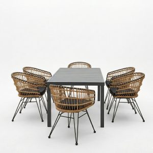 Τραπεζαρία Naoki-Kliton B σετ 7τεμ pakoworld ανθρακί αλουμίνιο και pe rattan σε φυσική απόχρωση 150x80x74εκ