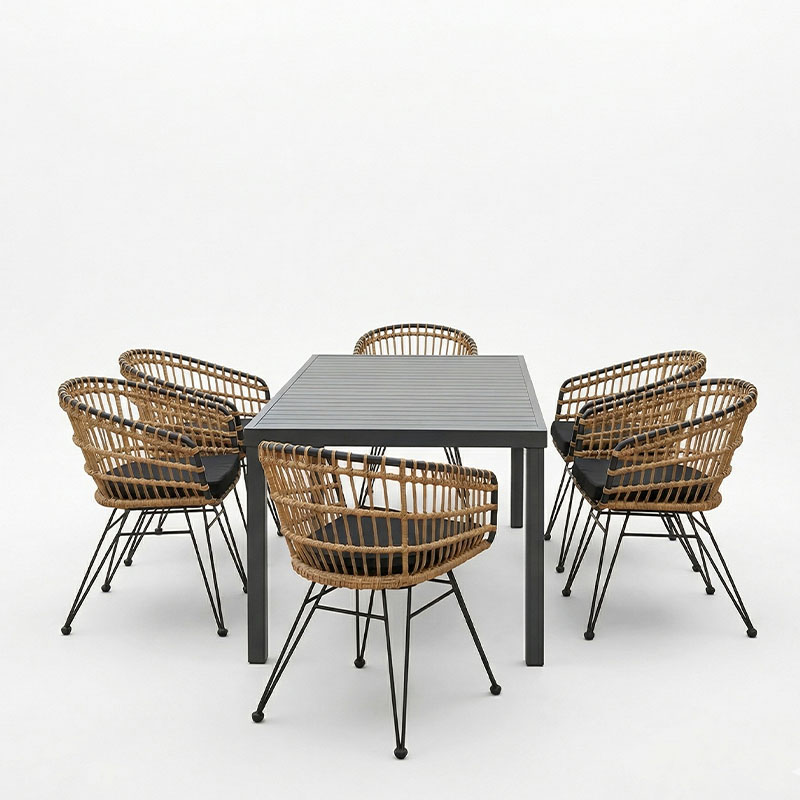 Τραπεζαρία Naoki-Kliton B σετ 7τεμ pakoworld ανθρακί αλουμίνιο και pe rattan σε φυσική απόχρωση 150x80x74εκ