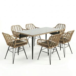 Τραπεζαρία Naoki Χ σετ 7τεμ pakoworld rattan pe σε φυσική απόχρωση και μαύρο μέταλλο 160x90x78εκ