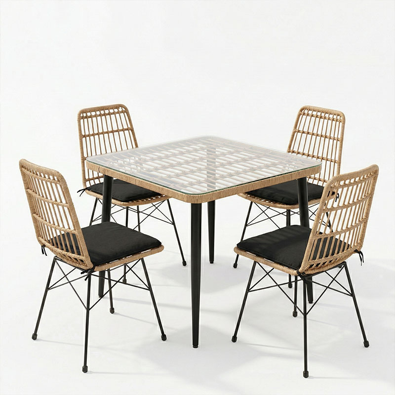 Τραπεζαρία Naoki U σετ 5τεμ pakoworld rattan pe σε φυσική απόχρωση και μαύρο μέταλλο 80x80x78εκ