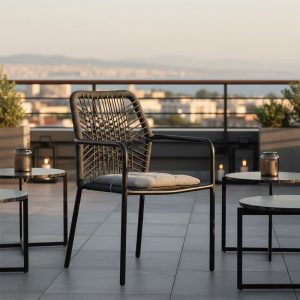 Πολυθρόνα Kherson pakoworld αλουμίνιο σχοινί ανθρακί-μαξιλάρι γκρι