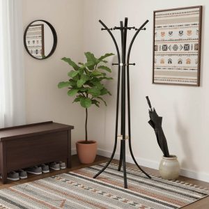 Καλόγερος ρούχων Bamile pakoworld μαύρο μέταλλο και rubberwood σε φυσική απόχρωση 51x63x175εκ