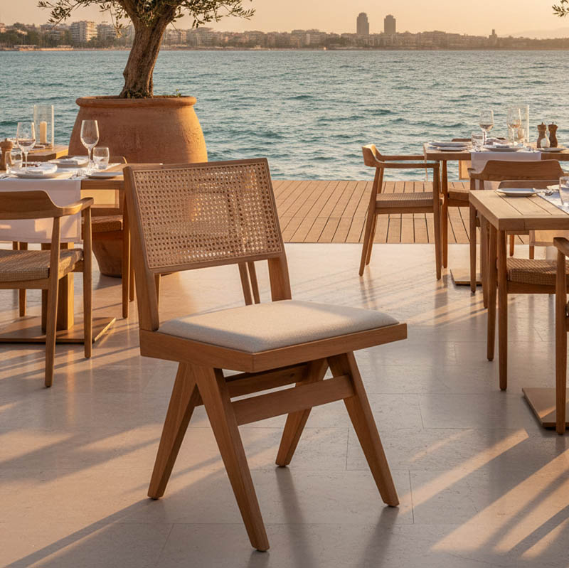 Καρέκλα Winslow pakoworld ξύλο rubberwood ανοικτό καρυδί-pvc rattan φυσικό-ύφασμα γκρι - Image 2