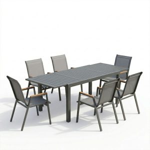 Τραπεζαρία Azelie-Lafla pakoworld σετ 7τεμ ανθρακί ύφασμα-ανθρακί αλουμίνιο 160-240x90x75εκ