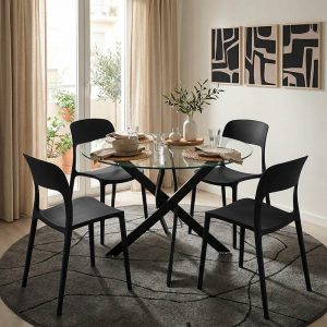 Τραπέζι Antoro pakoworld γυαλί και μεταλλικά πόδια σε μαύρη απόχρωση Φ80x75εκ