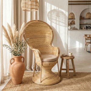 Πολυθρόνα Rea Inart με μπεζ μαξιλάρι-φυσικό rattan 92x75x140εκ