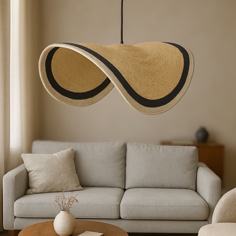 Φωτιστικό οροφής Hatchie Inart φυσικό-μαύρο-λευκό ψάθα-μέταλλο Φ120x144εκ