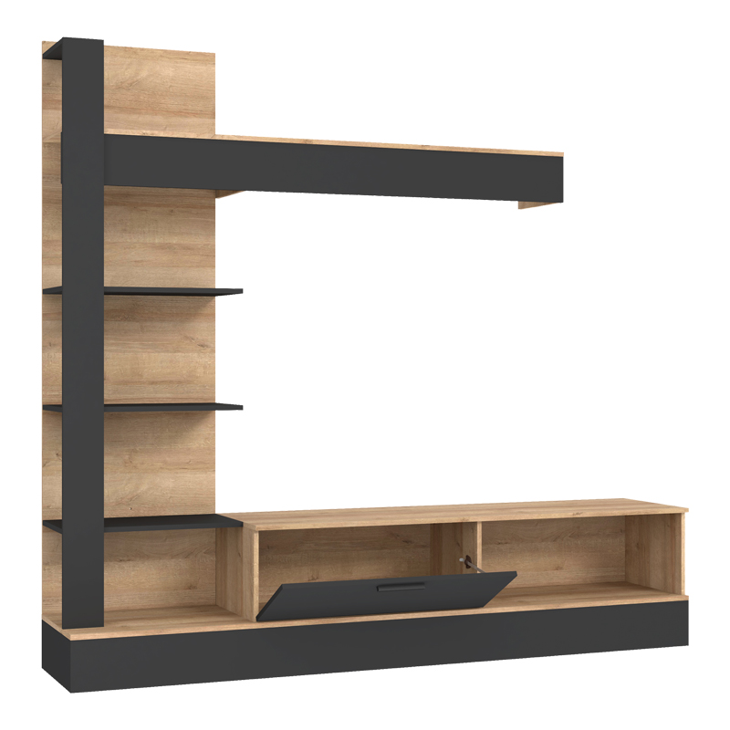 Σύνθετο σαλονιού Dranko pakoworld μαύρο-oak μελαμίνης 205x41.5x192εκ - Image 3