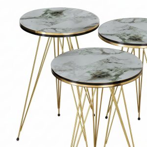 Βοηθητικά τραπέζια Wakmi pakoworld σετ 3τεμ λευκό μπεζ μαρμάρου μελαμίνης-χρυσό μέταλλο