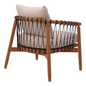 Πολυθρόνα Haribo pakoworld φυσικό teak ξύλο-μαύρο σχοινί-λευκο μαξιλάρι 80x76x72εκ