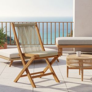 Καρέκλα Banou pakoworld πτυσσόμενη teak ξύλο και pe σχοινί σε φυσική απόχρωση 52.5x56x89εκ