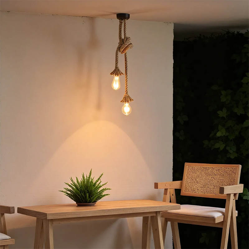 Φωτιστικό οροφής δίφωτο Ropily Ι pakoworld φυσικό μέταλλο-σχοινί Φ2x100εκ