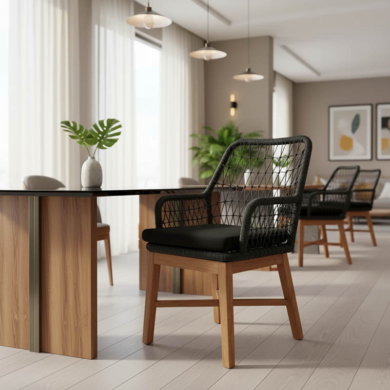 Πολυθρόνα Elaiza pakoworld teak ξύλο και συνθετικό σχοινί σε φυσική-μαύρη απόχρωση με μαξιλάρι 58x60x90εκ - Image 2