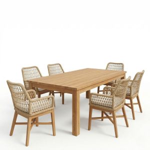 Τραπεζαρία 7τεμ Elaiza-Wooly pakoworld teak ξύλο σε φυσική-μπεζ απόχρωση 220x90x75εκ