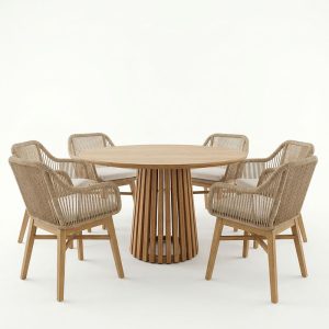 Τραπεζαρία Kalie-Kenda Ι pakoworld σετ 7τεμ σε φυσική-μπεζ απόχρωση Φ80x75εκ