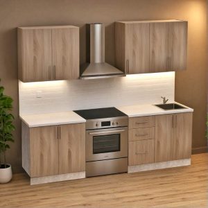 Σύνθεση κουζίνας Festa V pakoworld μελαμίνη σε sonoma απόχρωση και πάγκο σε ανοιχτό γκρι 180x60x85εκ