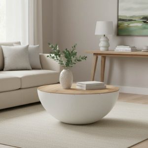 Τραπέζι σαλονιού Coffelty Inart μασίφ ξύλο ακακίας - λευκό μέταλλο Φ90x40εκ