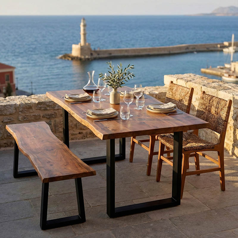 Τραπέζι Miles pakoworld μασίφ ξύλο ακακίας πάχους 3.7-4εκ σε καρυδί απόχρωση με μαύρα μεταλλικά πόδια 160x90x76εκ