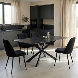 Τραπέζι Mattias pakoworld sintered stone μαύρη όψη μαρμάρου με μαύρα μεταλλικά πόδια 180x90x75εκ