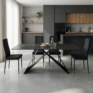 Τραπέζι Mapele pakoworld μαύρη όψη μαρμάρου με μαύρα μεταλλικά πόδια 180x90x75εκ