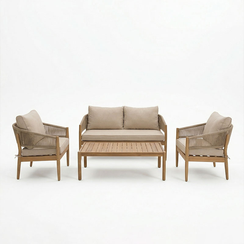 Σαλόνι εξωτερικού χώρου Lemanda pakoworld μασίφ ξύλο ακακίας με σχοινί και μπεζ μαξιλάρια