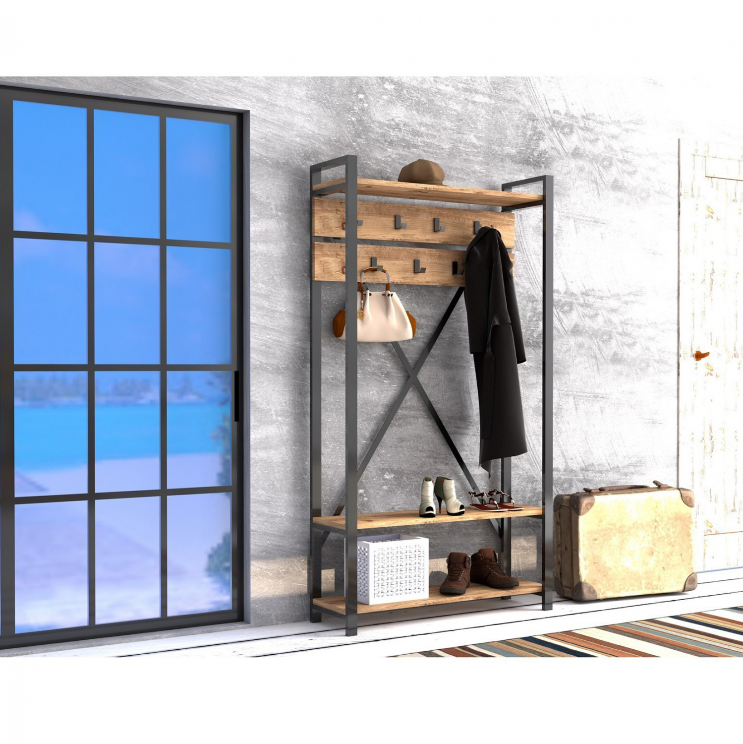 ΕΠΙΠΛΟ ΕΙΣΟΔΟΥ HM8943.01 NATURAL WOOD & ΜΑΥΡΟ 90x34x180 εκ. - Image 4