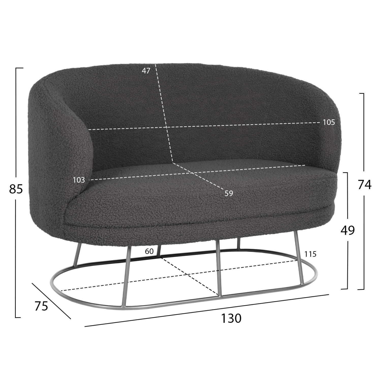ΚΑΝΑΠΕΣ 2ΘΕΣΙΟΣ ARIEN HM8492.21 ΓΚΡΙ ΜΠΟΥΚΛΕ ΜΕ ΑΣΗΜΙ ΒΑΣΗ 130X75X85Yεκ. - Image 2